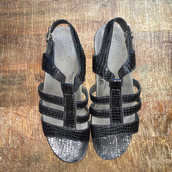 SAS Allegro Heel Strap Sandal Woman’s 9 N Narrow Black Croc Classic Heritage - Picture 8 of 9